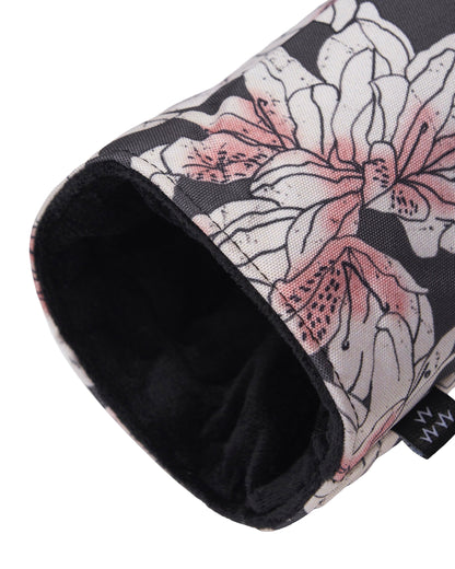 Detail of azalea print driver headcover with black inner soft crystal velvet lining and a small tag.