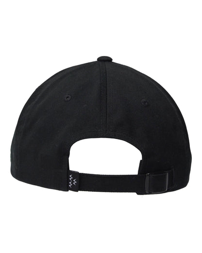 Back of a black cap with an adjustable strap, a metal buckle, and a small tag with a zig-zag motif.