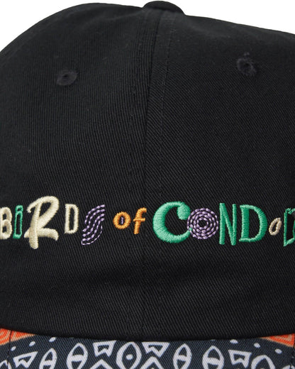 Detail of a black cap featuring embroidered multi-colored text on the front and a patterned brim.