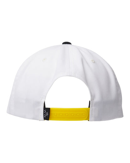 Back of a white five-panel snapback with a yellow strap and a black tag featuring a white graphic.
