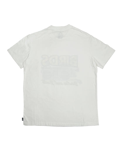 Back of a white organic cotton t-shirt with a crew neck and a faint retro print design on the back.