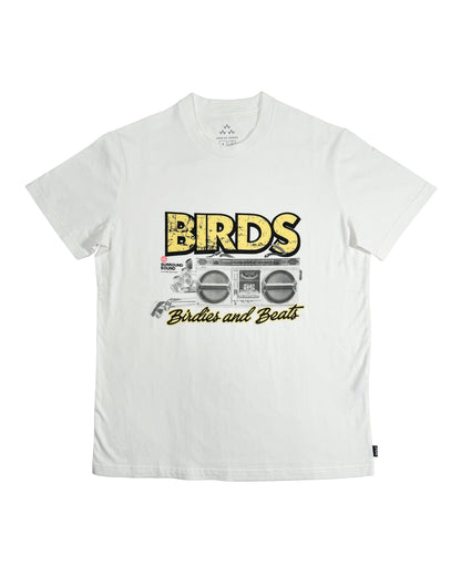 White crew-neck t-shirt with a retro graphic of a boombox, yellow text, and Birdies and Beats script.