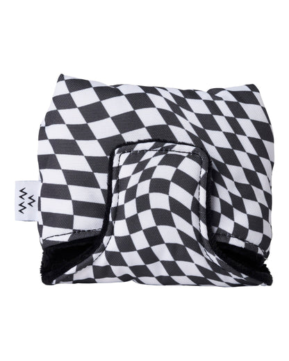 Black and white checkered mallet putter headcover with a magnetic closure flap and a small side tag.