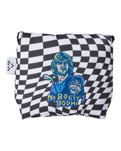 Black and white checkered mallet putter cover with a two-person graphic and the text No Bogey's Bodhi.