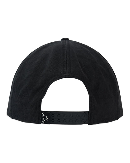 Back of a black enzyme-washed snapback hat with an adjustable strap and a zig-zag logo detail.