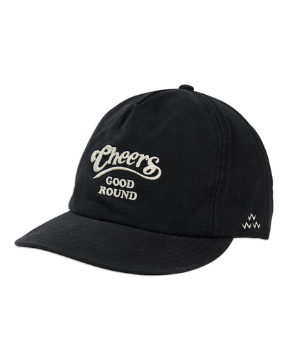 Black five-panel soft peak headwear featuring a white embroidered Cheers Good Round logo on the front.