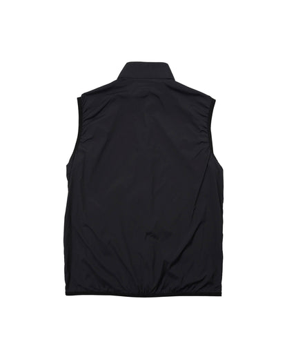 Back of a black lightweight shell vest with a funnel neck and a plain solid back panel.