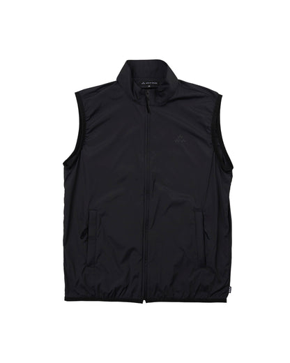 Black shell vest featuring a funnel neck, full zip closure, and a tonal triple eagle left chest print.