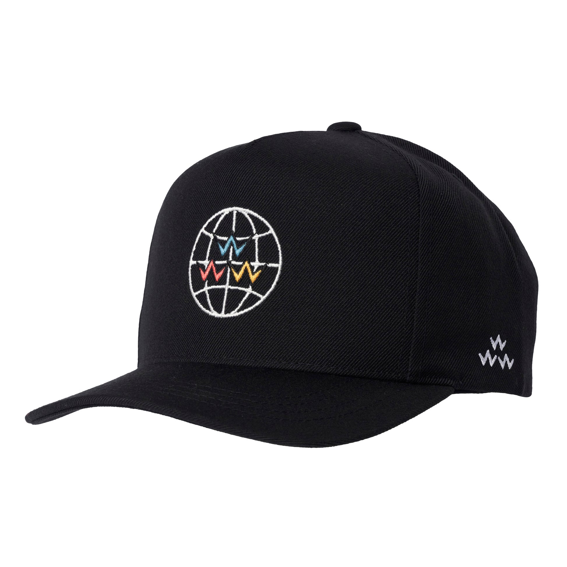 Front view of Black 5-Panel Golf Cap with Plastic Snap Curve Brim, Wool/Acrylic Blend, and Signature Birds of Condor Internal Taping