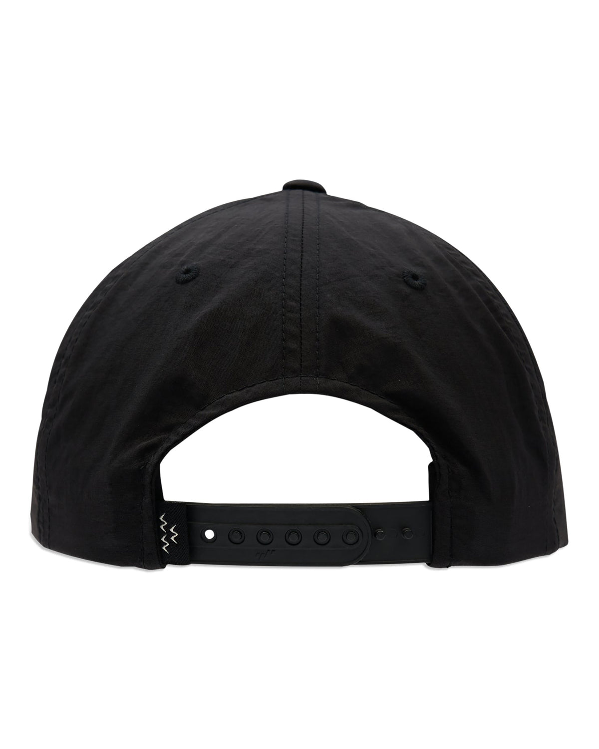 Back of a black nylon snapback featuring an adjustable strap and small logo design.