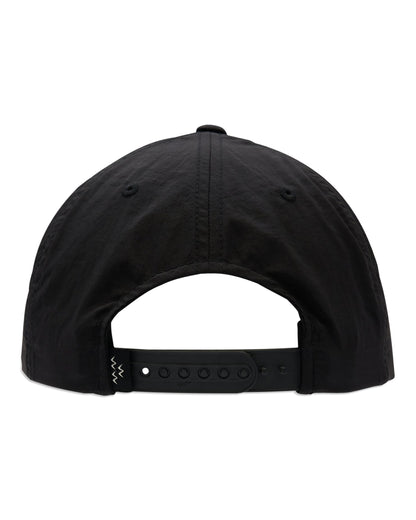 Back of a black nylon snapback featuring an adjustable strap and small logo design.