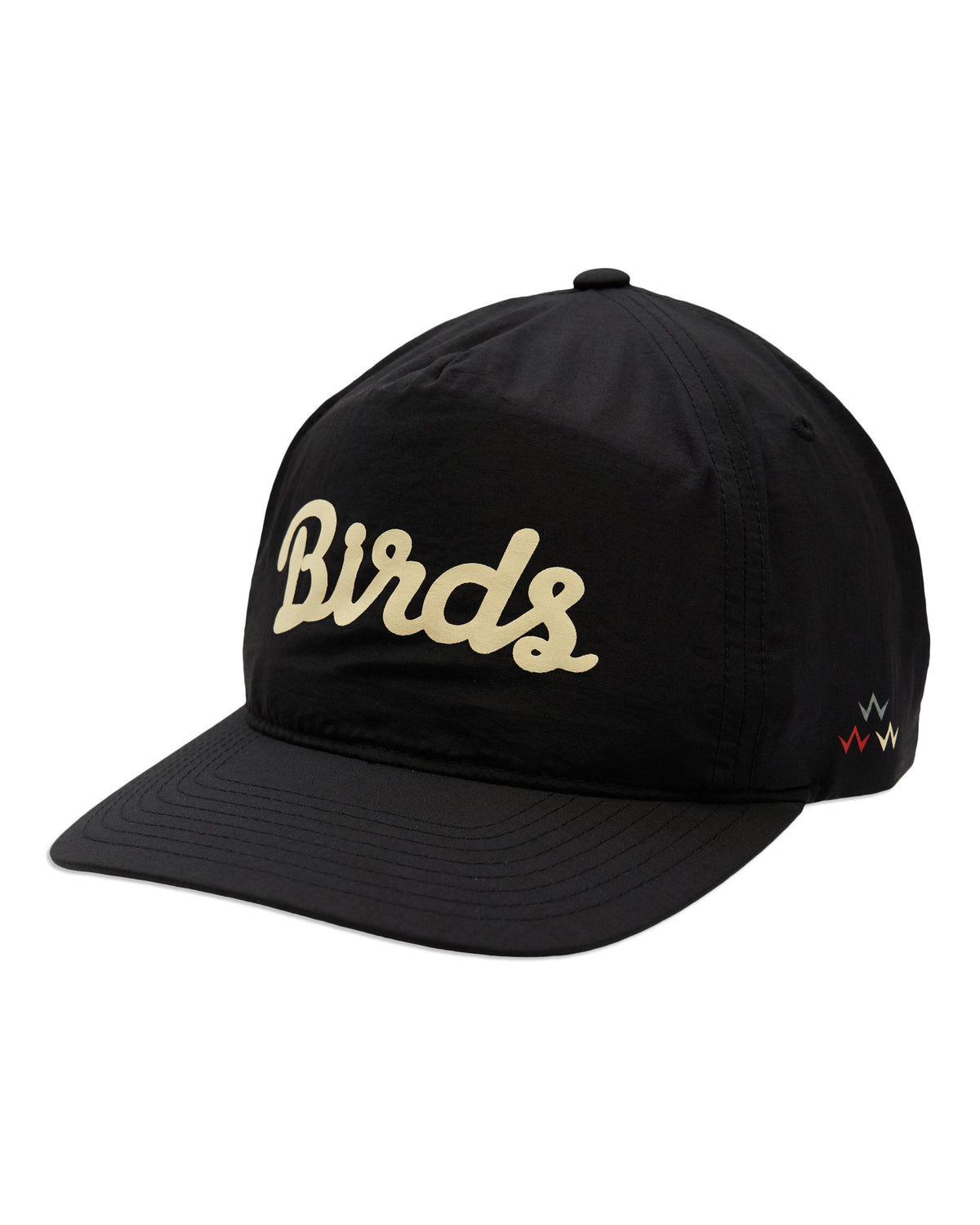 Black 5-panel snapback cap featuring off-white script text on the front and a triple eagle side logo.