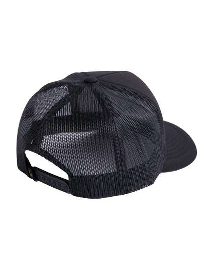 Back of a black trucker hat with mesh panels and an adjustable plastic snapback closure.