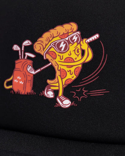 Detail of a black trucker hat featuring a graphic of a pizza slice wearing sunglasses and swinging a golf club.