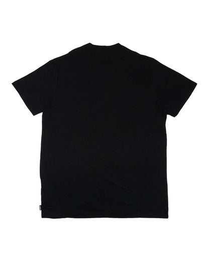 Back of a plain black cotton t-shirt with short sleeves and a small woven label on the bottom hem.
