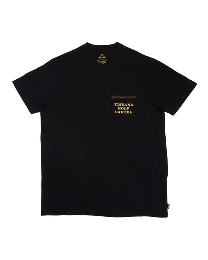 Black t-shirt with a chest pocket featuring yellow embroidered text that reads TIJUANA GOLF CARTEL.