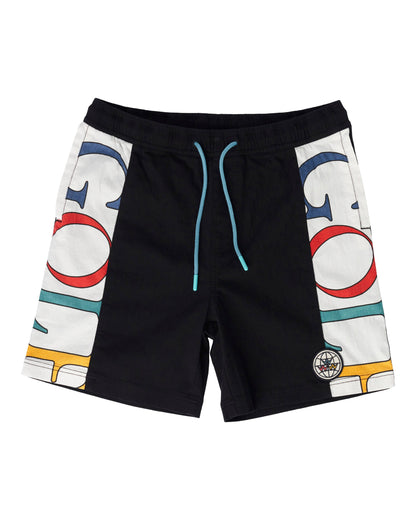 Black shorts with white side panels featuring a large GOLF graphic, a patch, and a blue drawcord.