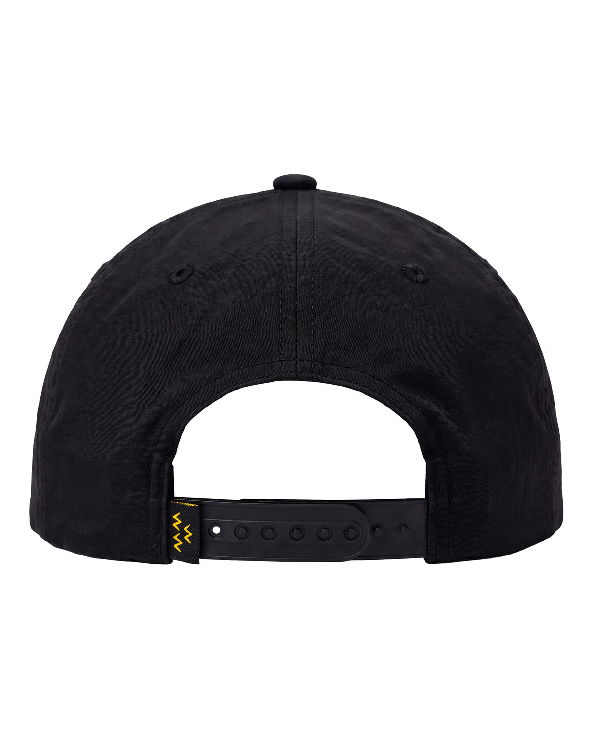 Back of black snapback hat with adjustable plastic strap and small yellow zigzag woven label.