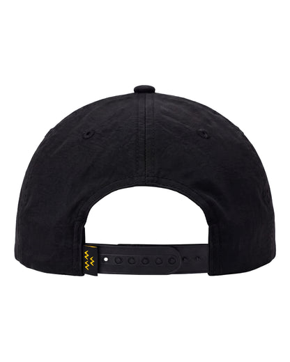 Back of black snapback hat with adjustable plastic strap and small yellow zigzag woven label.