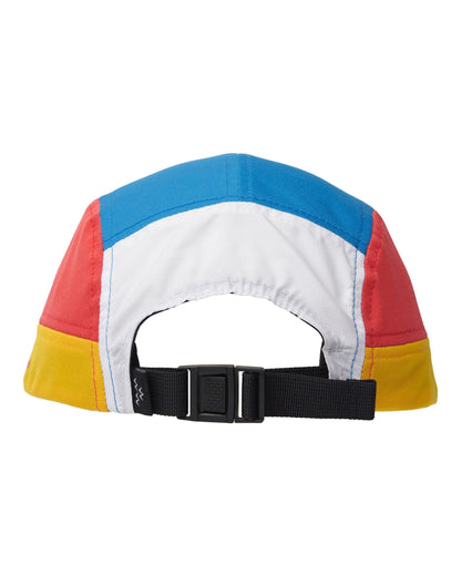 Back of a multi-coloured athletic sports cap featuring white, blue, red and yellow panels and a black strapback.