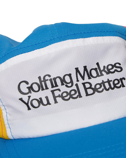 Detail of a white athletic cap featuring a printed front panel with the black text Golfing Makes You Feel Better.