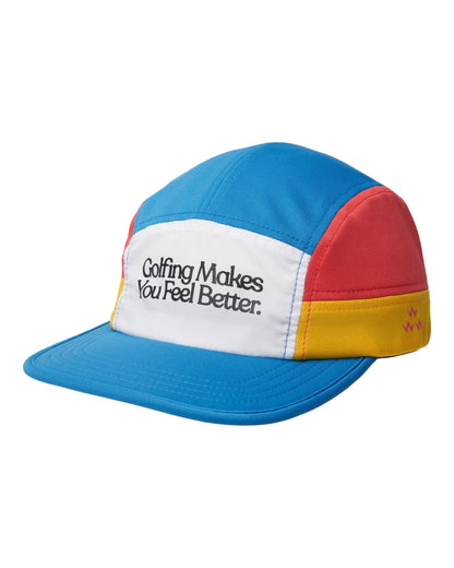 Multi-colour athletic cap featuring a white front panel with the black printed text Golfing Makes You Feel Better.