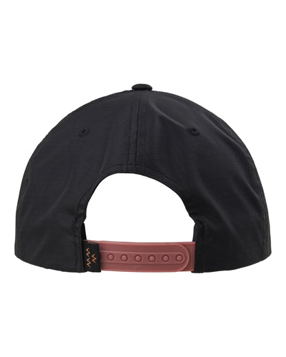 Back of a black ripstop nylon snapback with a pink adjustable strap and dark label.