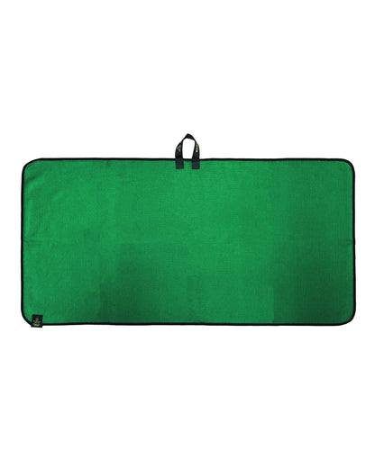 Green golf towel with a waffle texture, black trim, and a black hanging loop at the top center.