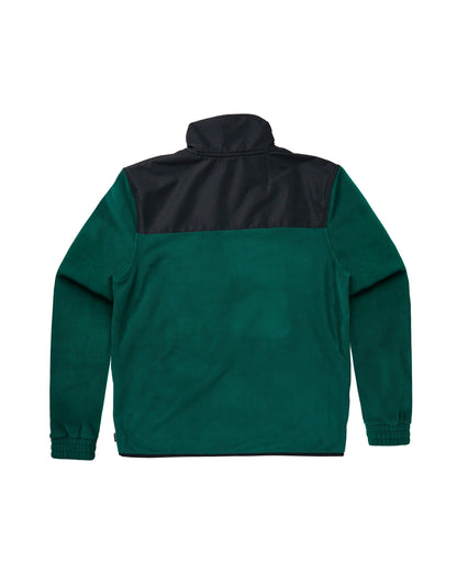 Back of an alpine green fleece sweater with a contrasting black ripstop shoulder panel and stand-up collar.