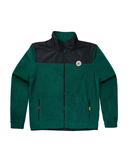 Amazon green polar fleece sweater featuring a black ripstop shoulder panel, zip front, and side pockets.