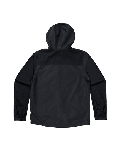 Back of a black rain jacket with a hooded collar and a horizontal shoulder stretch panel.