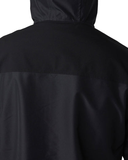 Back of a black rain jacket featuring a hood and a shoulder stretch panel.