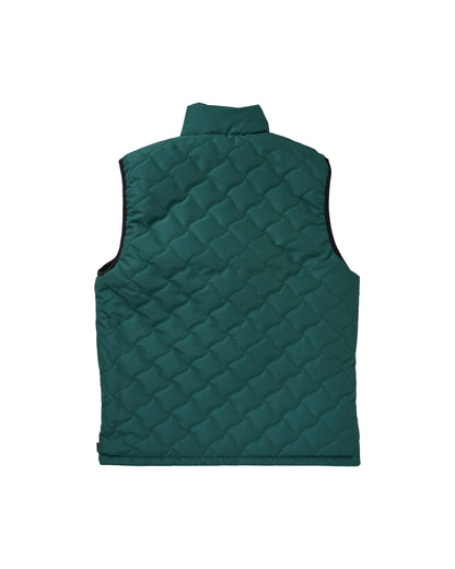 Back of an amazon green reversible puffer vest featuring warped argyle quilting and a stand-up collar.