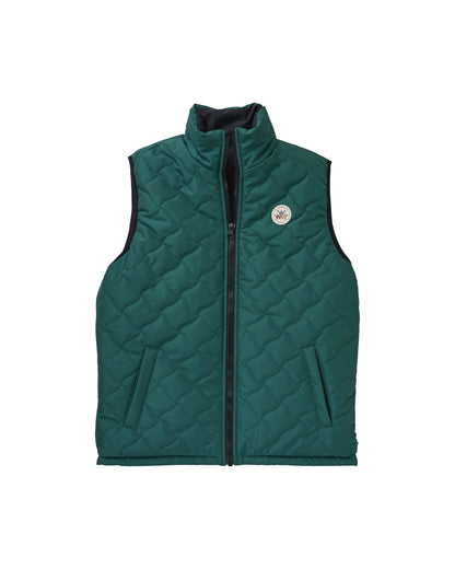 Front of an Amazon green reversible puffer vest with warped argyle quilting and a round pleather patch.
