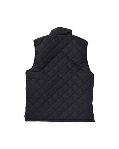 Back of a black reversible vest with warped argyle quilting and a high collar.