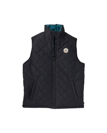Black puffer vest featuring warped argyle quilting, a zip front, side pockets, and a round logo patch.