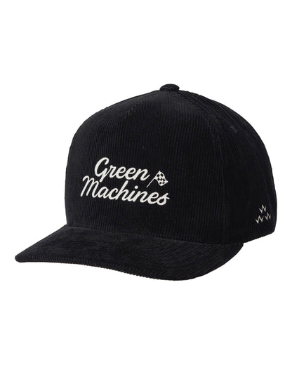 Black corduroy snapback cap with white script logo and a checkered flag graphic on the front.