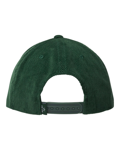 Back of alpine green corduroy snapback with an adjustable strap and a small printed logo tag.