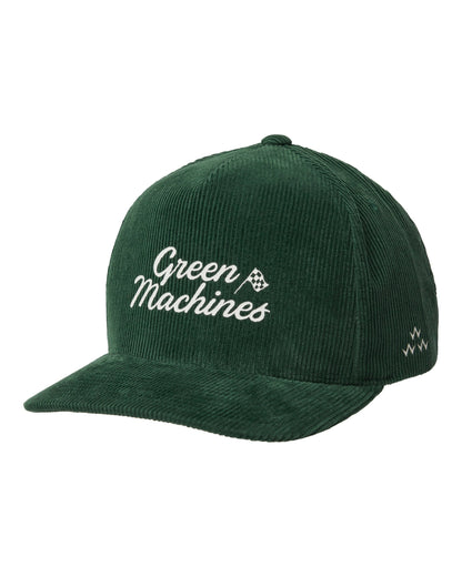 Alpine green corduroy snapback featuring a white cursive Green Machines logo and a checkered flag graphic.