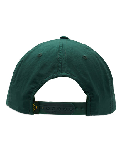 Back of an alpine green nylon snapback cap featuring an adjustable strap and small yellow zigzag label.