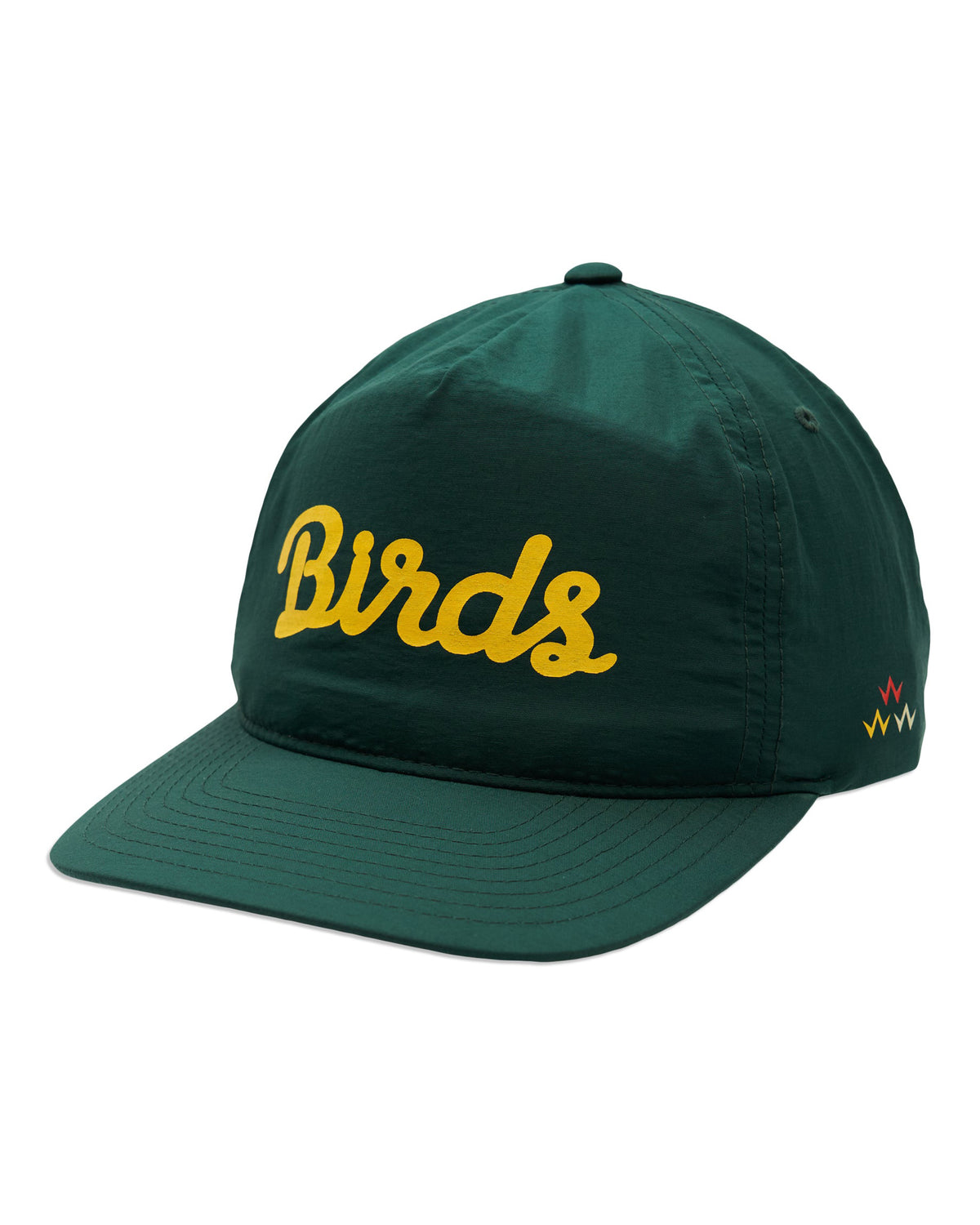 Alpine green nylon cap with a yellow script graphic on the front and a small multi-coloured logo on the side.