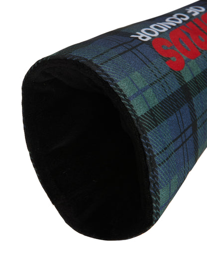 Detail of a blue and green plaid headcover with a black lining and red text.