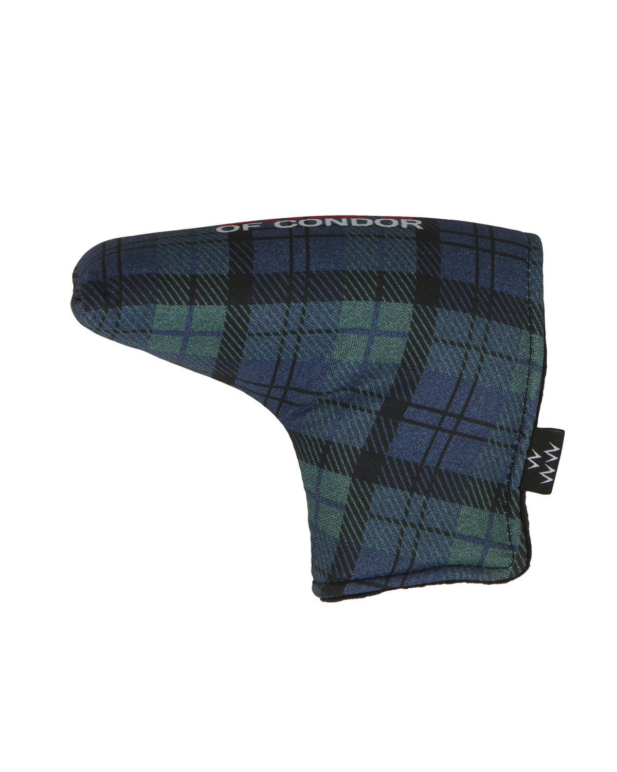 Blue and green plaid blade headcover featuring a white text design and a small black side tag.