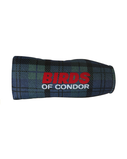 Blue and green plaid headcover featuring a red and white Birds of Condor logo across the front.