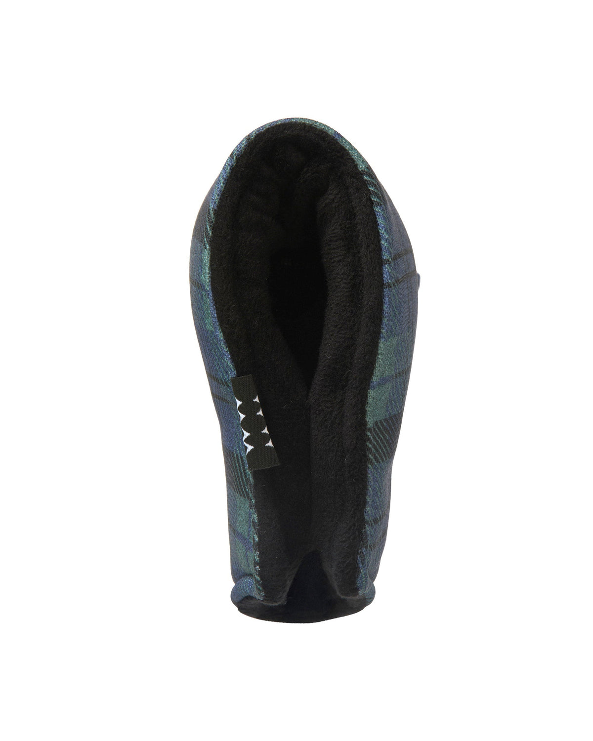 Blue and green plaid blade putter cover showing its soft black velvet lining and magnetic opening.