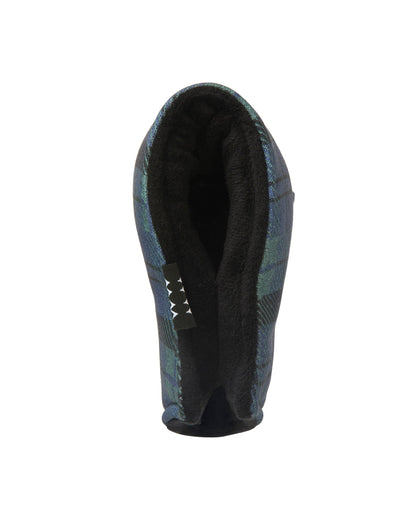 Blue and green plaid blade putter cover showing its soft black velvet lining and magnetic opening.