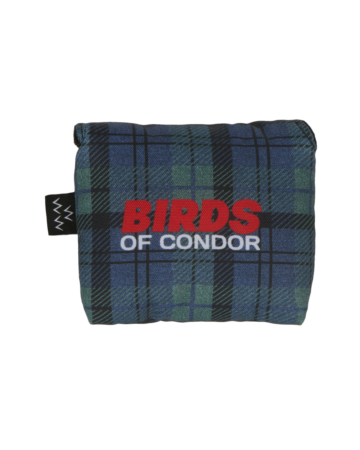 Blue and green plaid mallet headcover with red and white text graphic and a side tag.