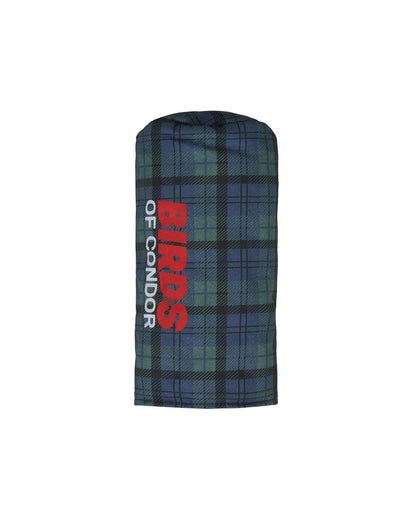 Blue and green plaid headcover with vertical red Birds of Condor text design down the side.