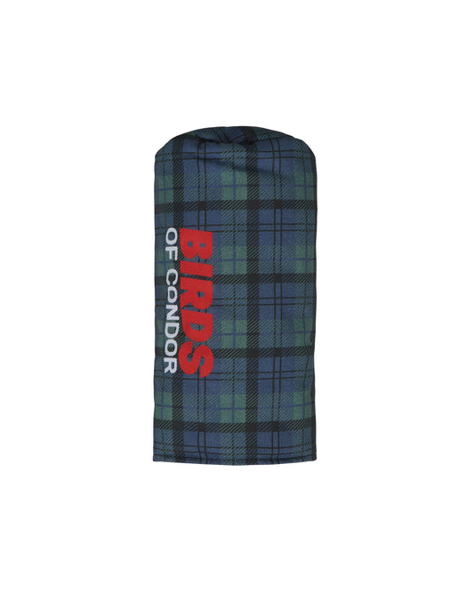 Blue and green plaid headcover with vertical red Birds of Condor text design down the side.