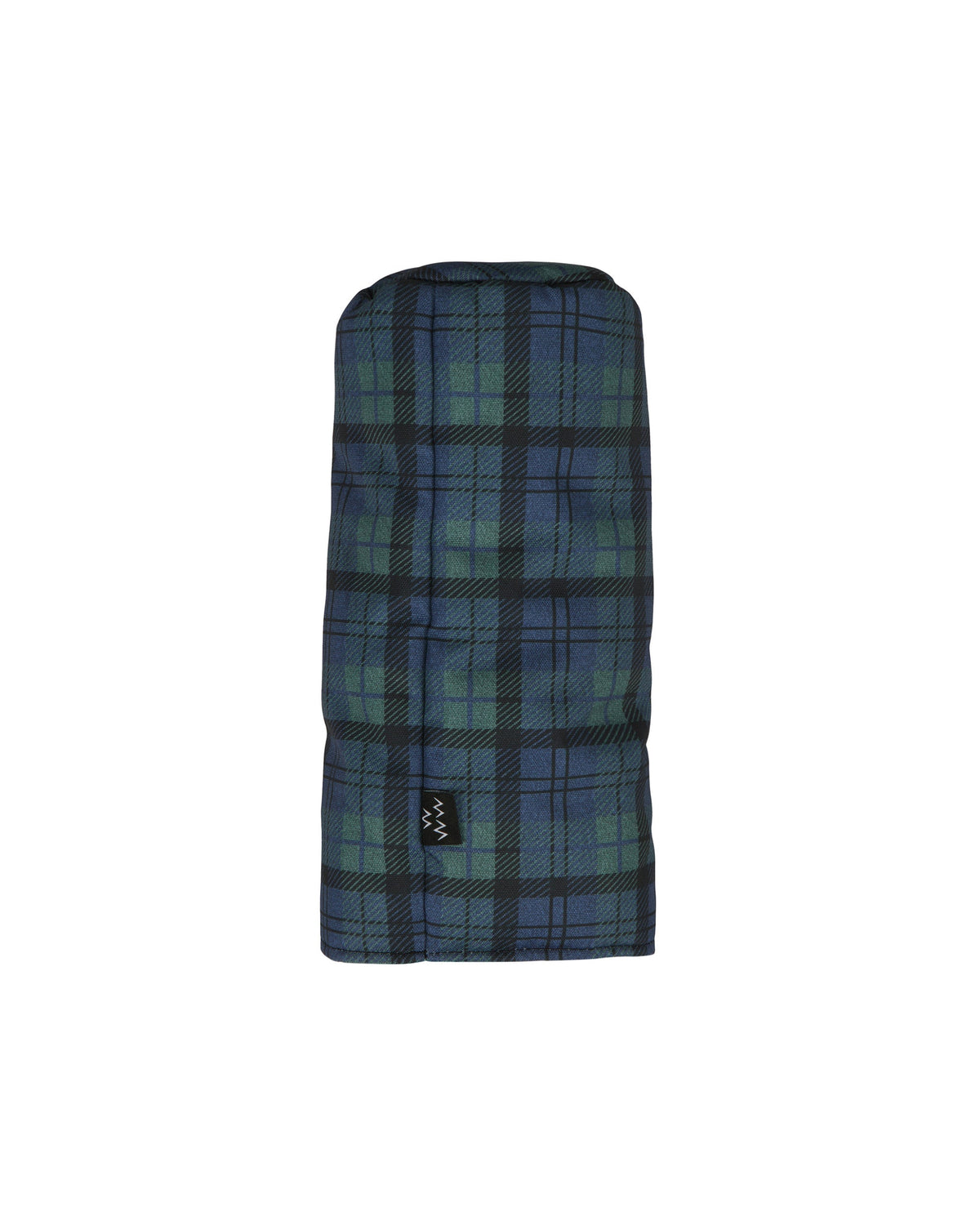 Blue and green plaid headcover with a cylindrical shape and a small black brand label near the base.